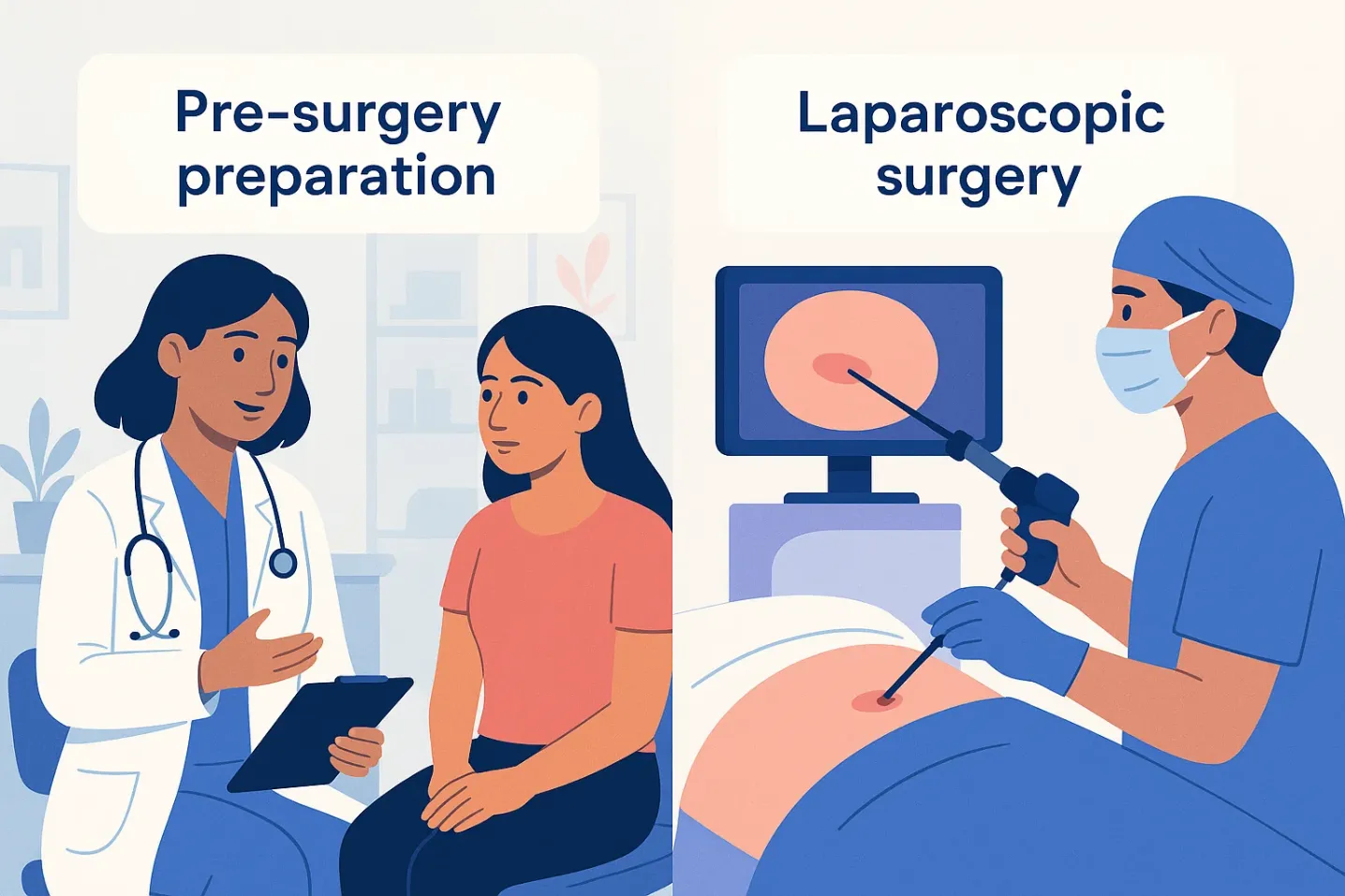 Illustration showing a doctor explaining pre-surgery preparation to a patient alongside a schematic view of laparoscopic surgery setup.