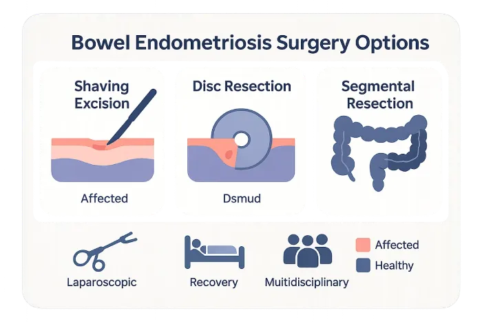 Infographic showing bowel endometriosis treatment options: shaving excision, disc resection, and segmental resection with laparoscopic surgery icons.