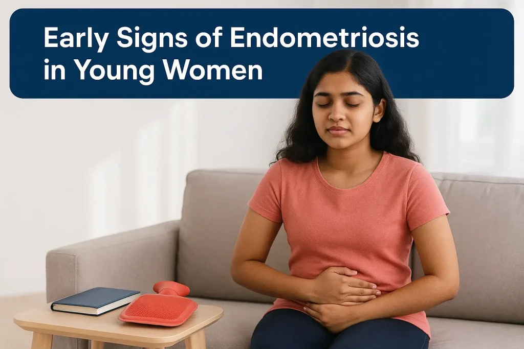 Showing a teenage girl at home holding her abdomen with mild discomfort, representing early signs of endometriosis such as cramps and fatigue.