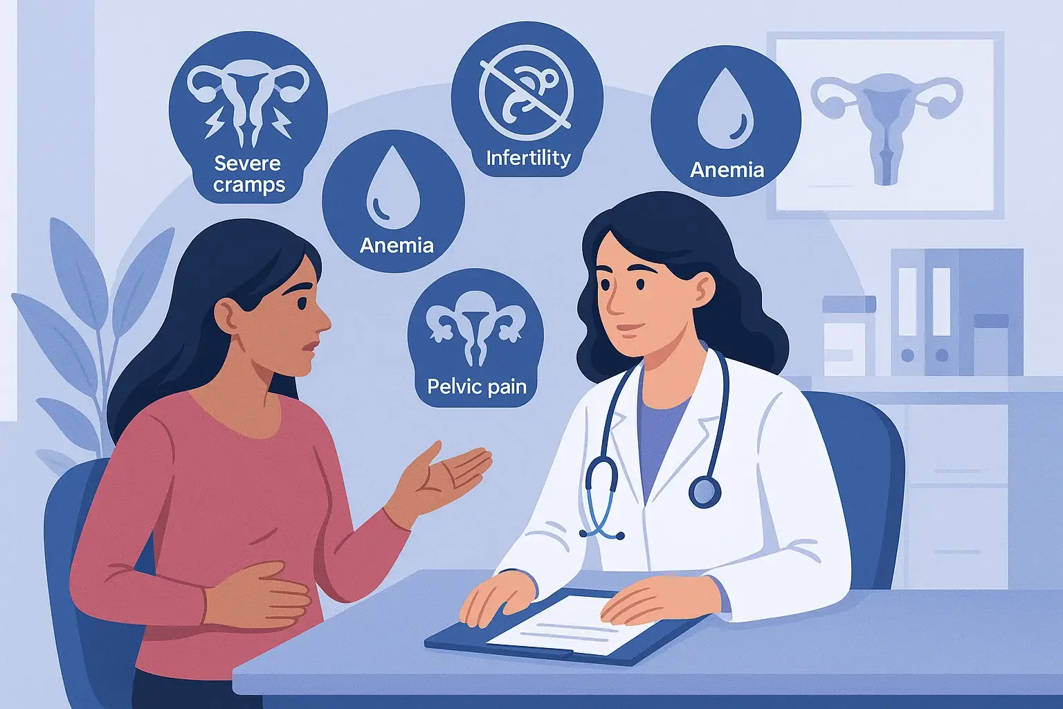 Illustration of a woman consulting a gynecologist, with icons showing warning signs of endometriosis such as severe cramps, heavy bleeding, infertility, and chronic pelvic pain.