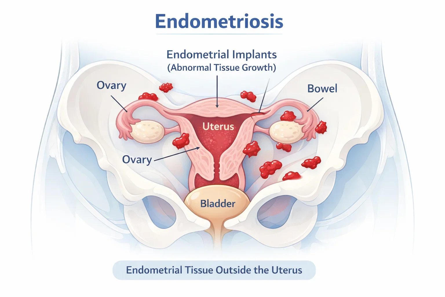 Anatomical diagram showing abnormal endometrial tissue growth outside the uterus in endometriosis.