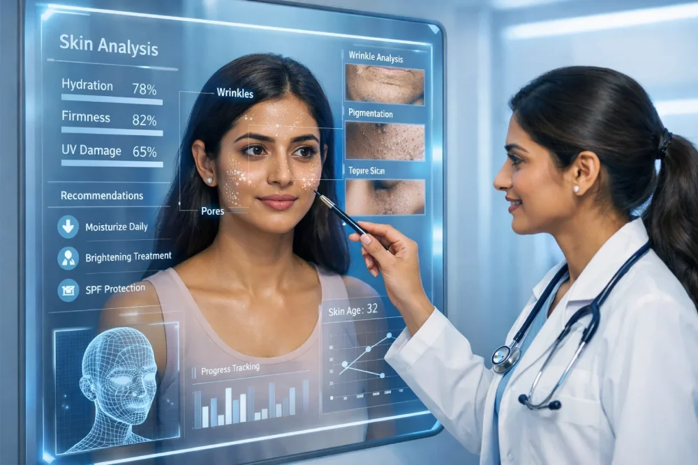 Beauty tech in 2025 showing AI-based skin analysis and personalized cosmetic planning.