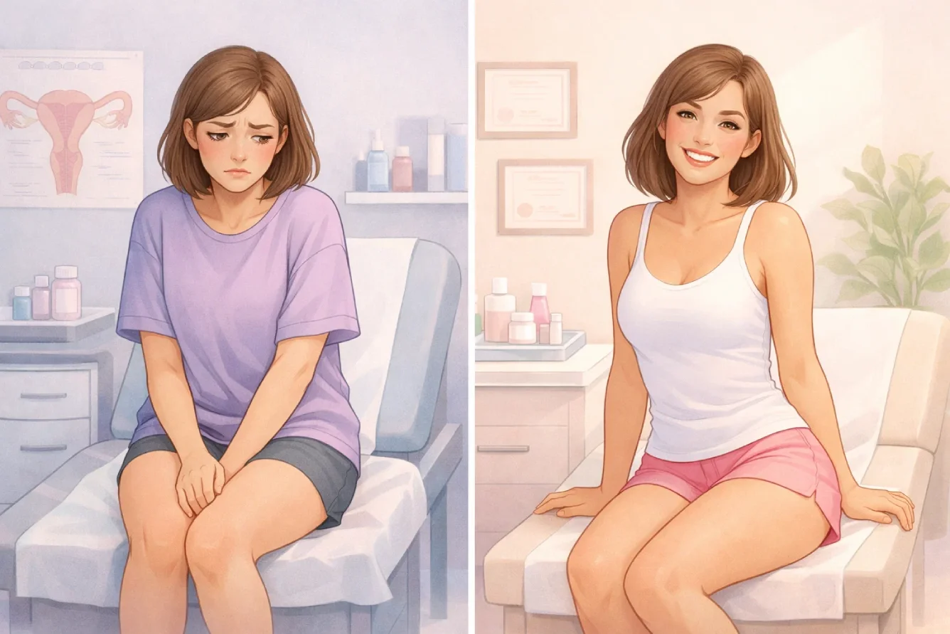 Before-and-after illustration showing improved confidence after cosmetic gynecology.