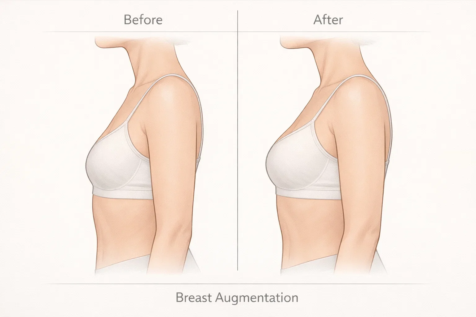 Before and after illustration showing realistic breast augmentation results.