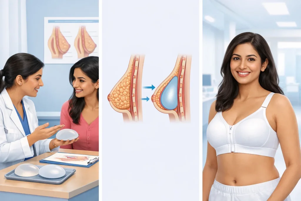 Breast augmentation journey showing consultation, surgical procedure, and recovery results.