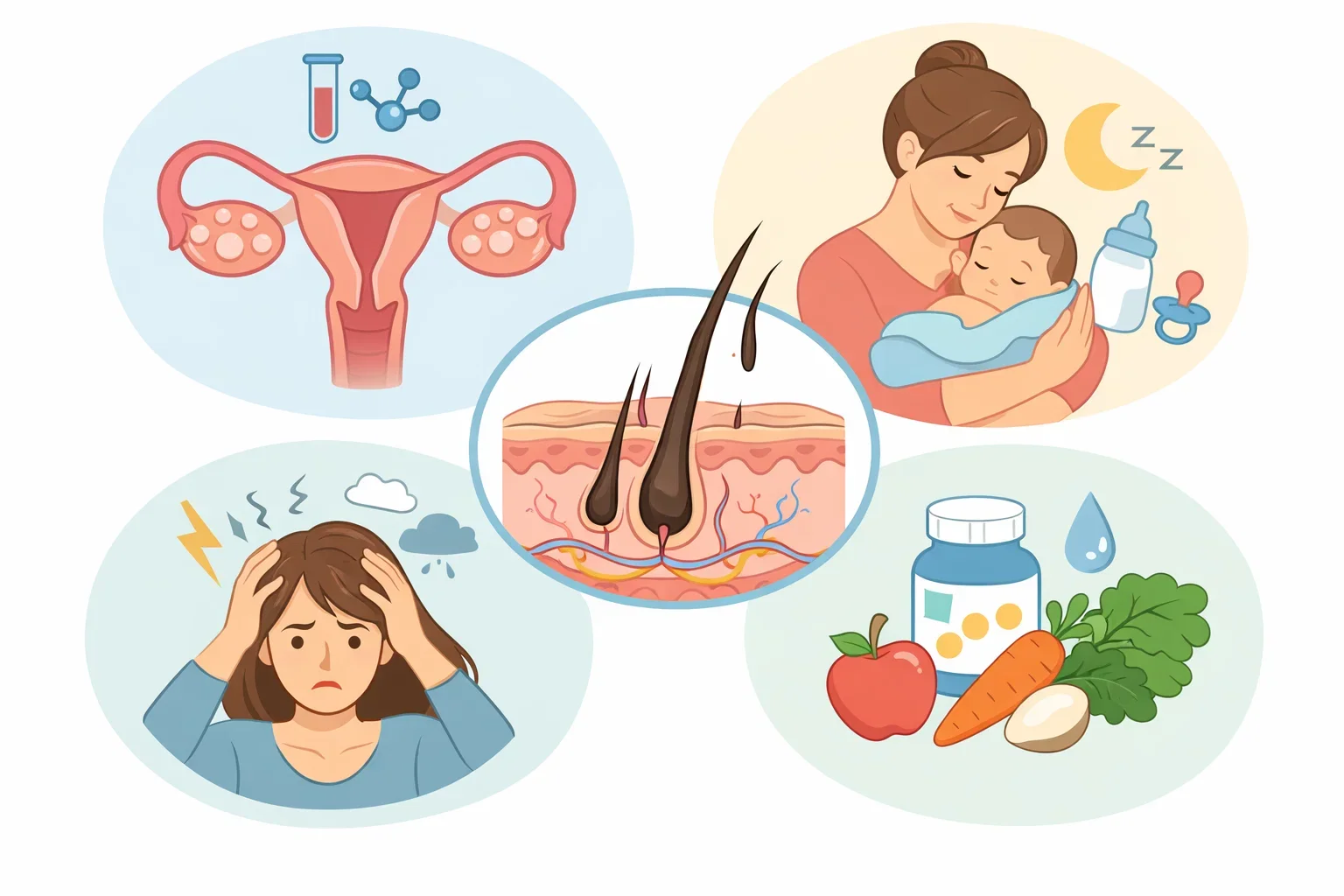 Common causes of hair fall in women including PCOS, postpartum changes, and stress.