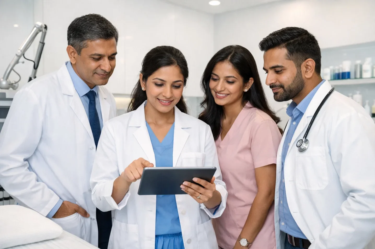 Dermatology and cosmetic care team working together inside Mayflower Aesthetic Clinic Ahmedabad.