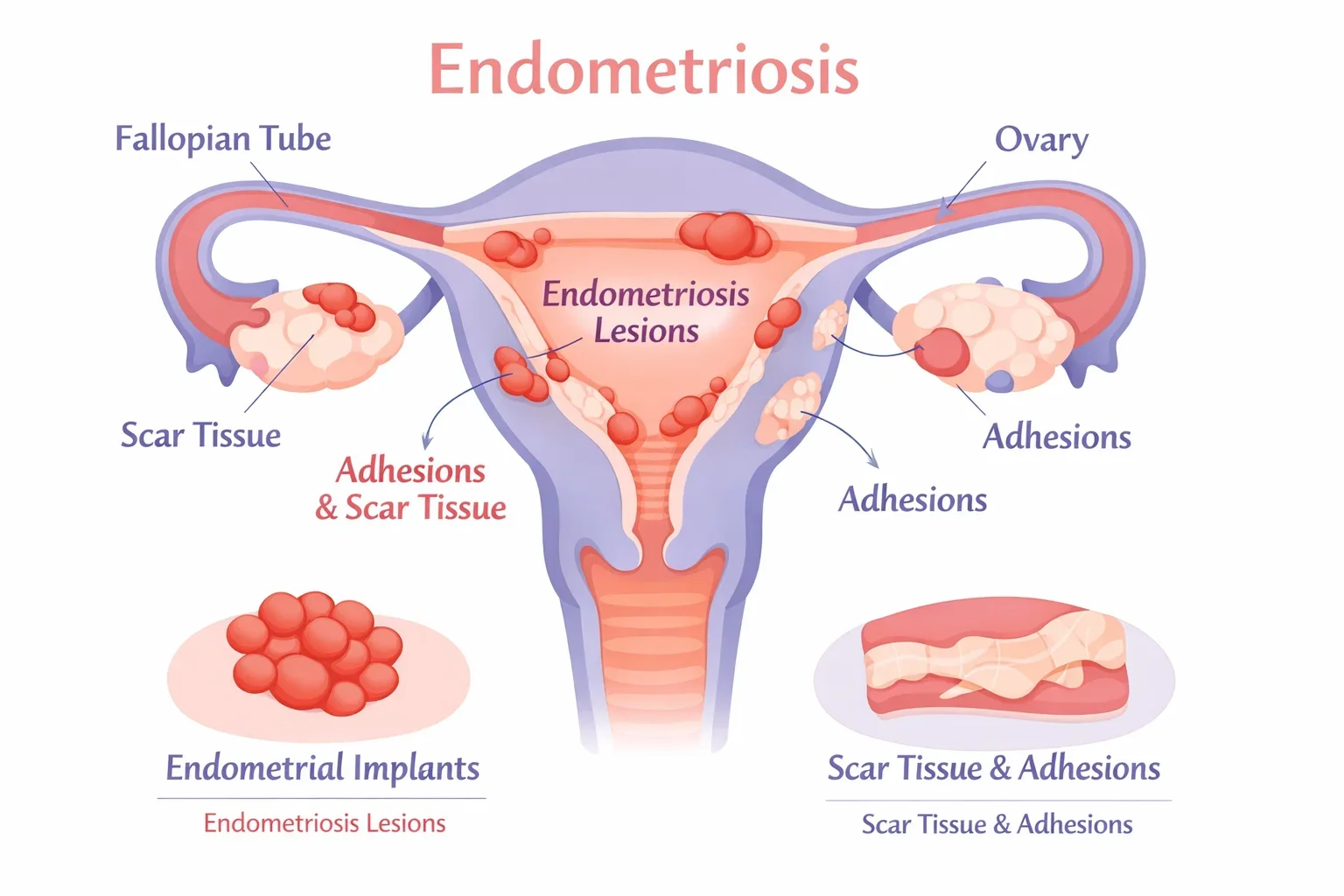 Diagram showing endometriosis in the uterus and its effect on pregnancy.