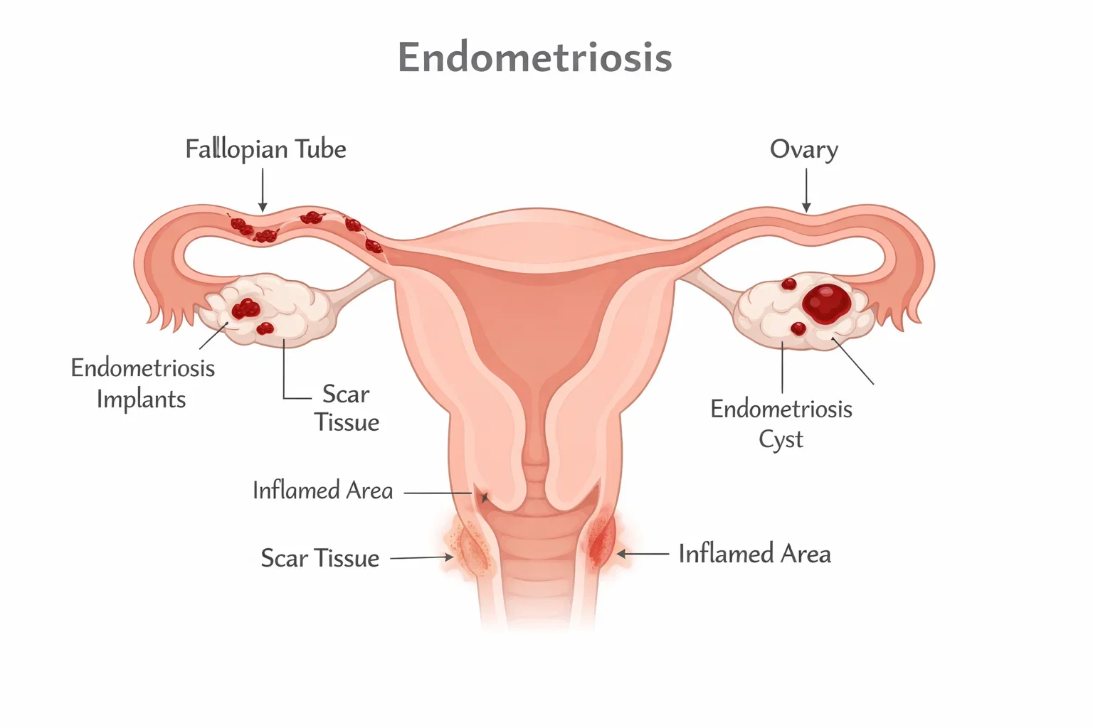 Diagram showing how endometriosis affects fertility through inflammation and blocked fallopian tubes.