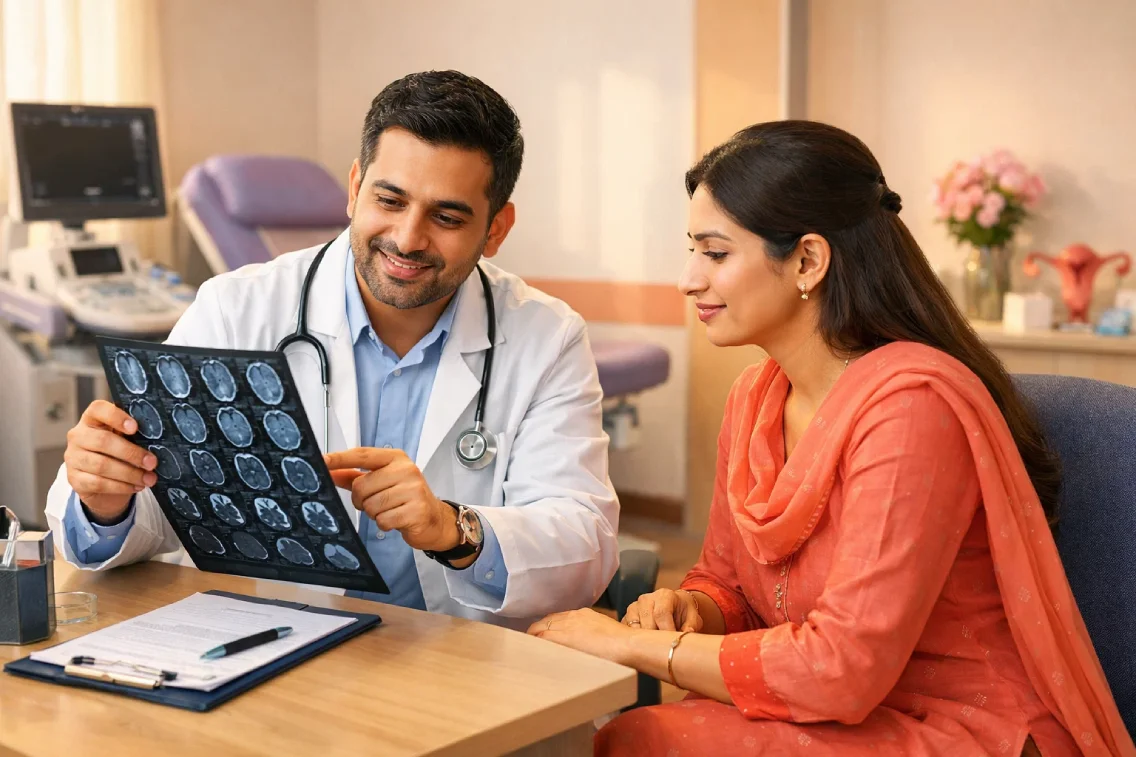 Doctor explaining endometriosis MRI results to a patient during consultation.