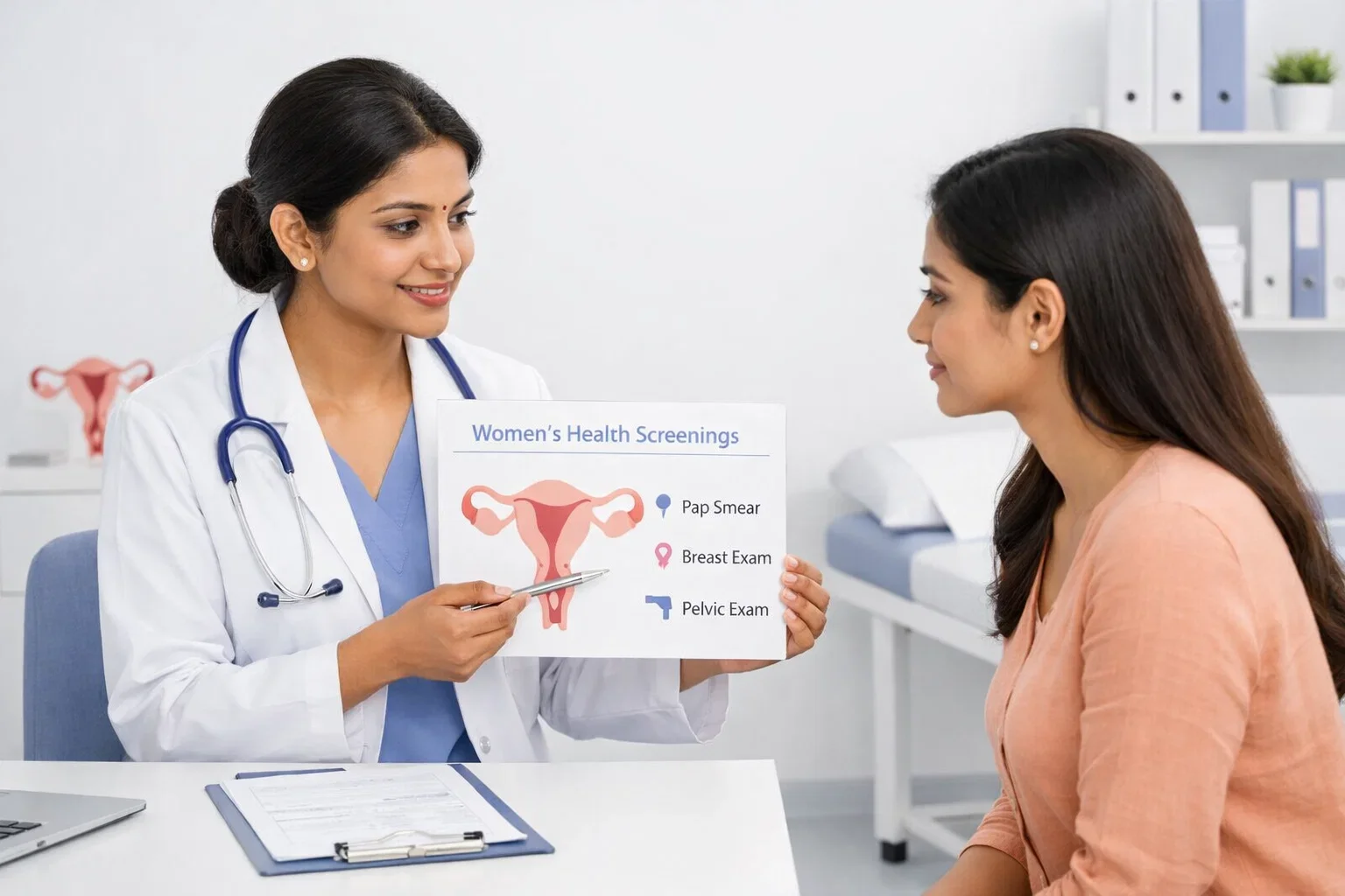 Doctor explaining what happens at a gynecologist checkup during a well woman exam.