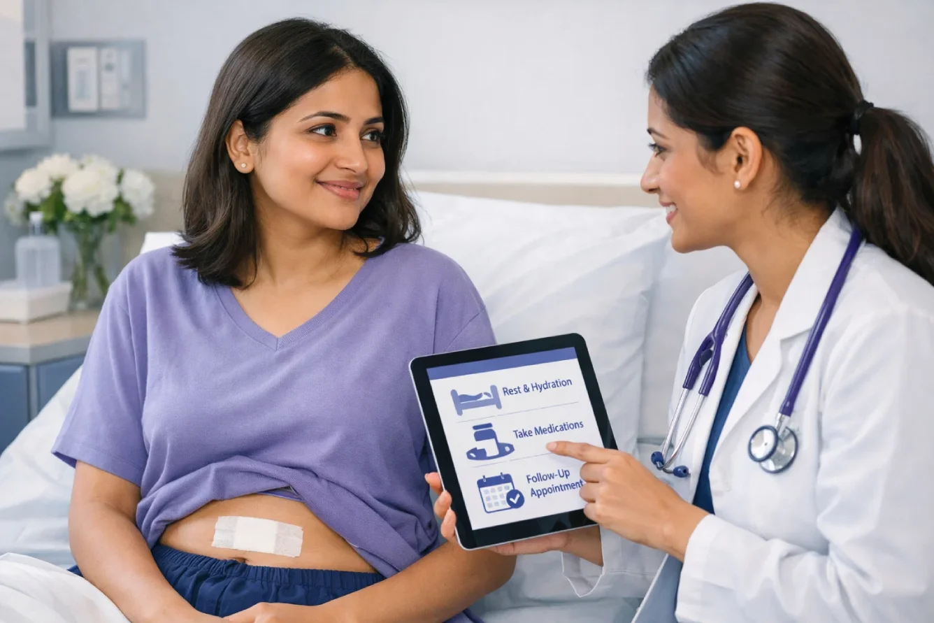Doctor guiding a woman during endometriosis surgery recovery in a hospital room