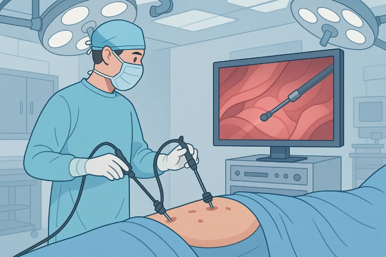 Doctor performing laparoscopic endometriosis surgery using minimally invasive instruments in a modern operating room.