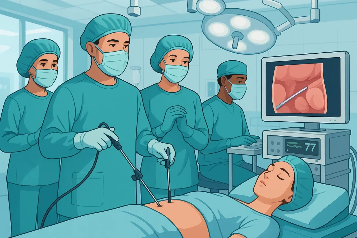 Doctors performing minimally invasive laparoscopy for pelvic pain treatment in a hospital.