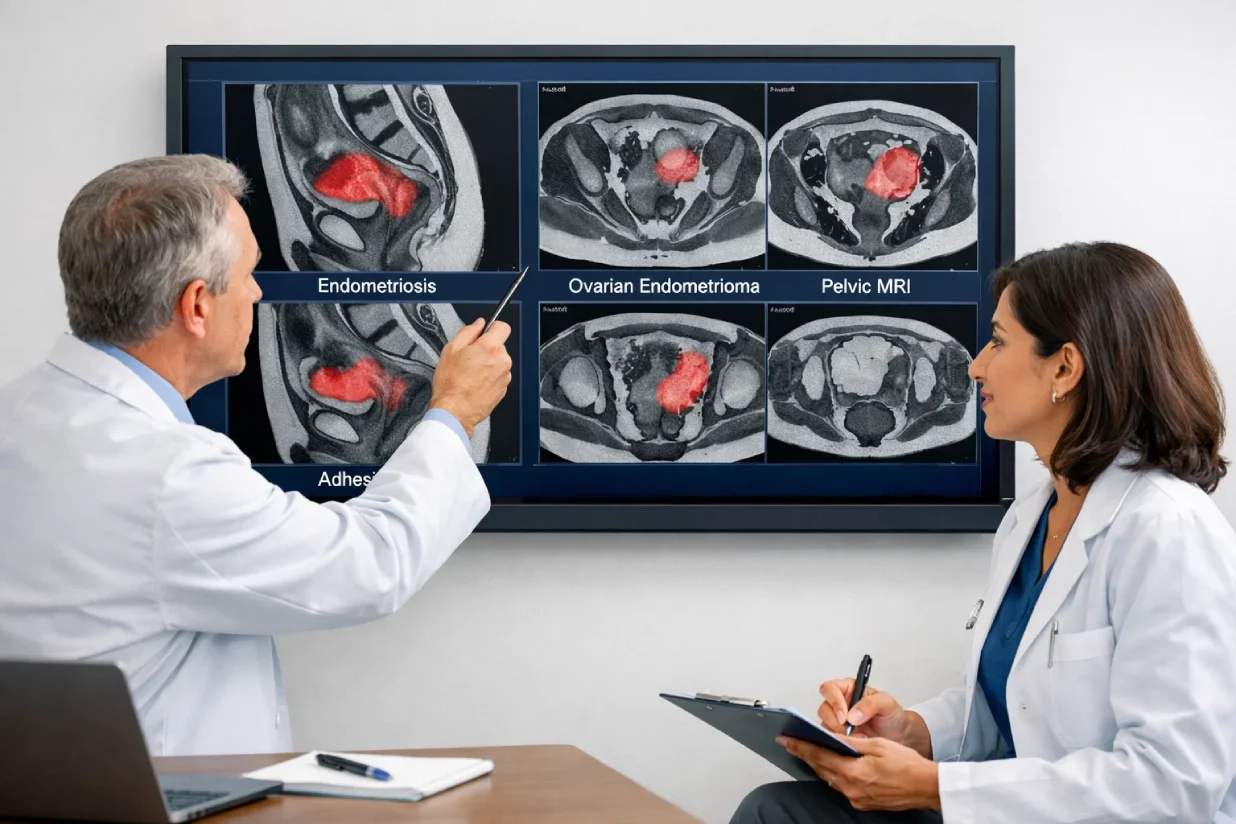 Doctors reviewing MRI scans during a second opinion radiology consultation.