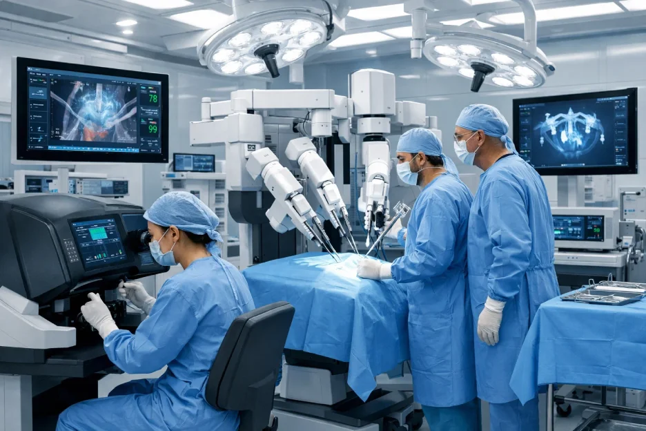 Doctors using advanced medical technology in a modern hospital, representing expertise in medical tourism.