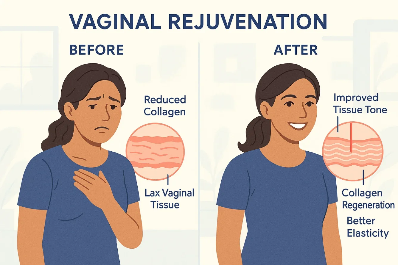 Educational before-and-after infographic showing how vaginal rejuvenation improves tissue tone and confidence in a North Indian woman.