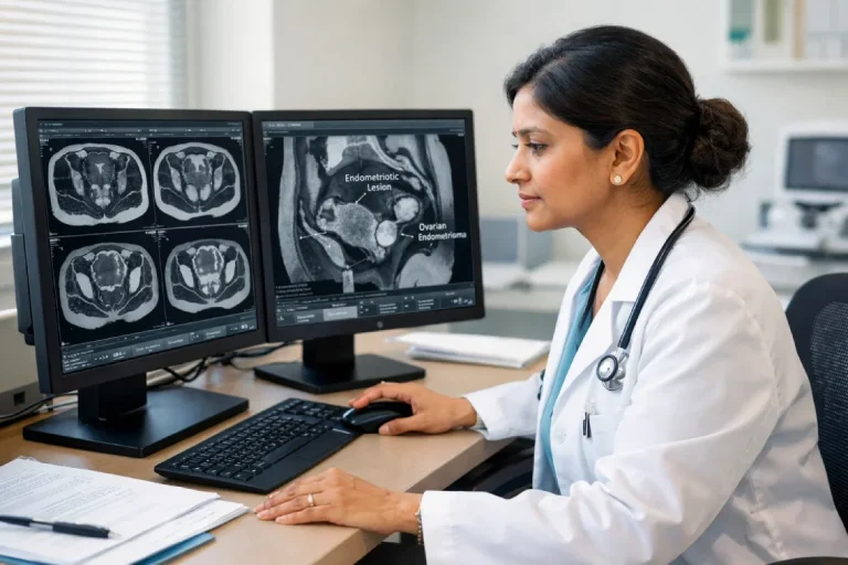 Endometriosis MRI scan being professionally reviewed by an expert radiologist for accurate diagnosis.