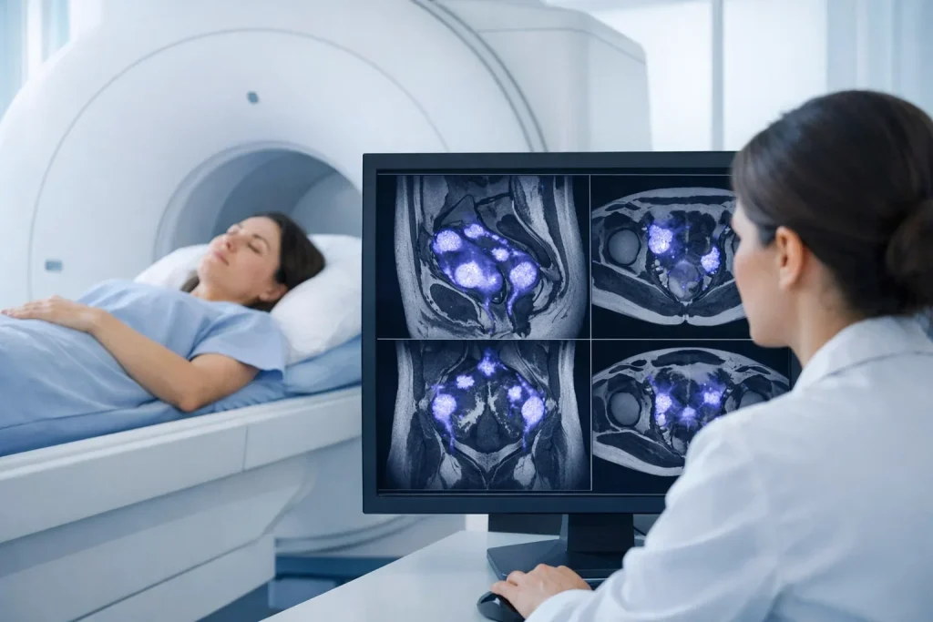 Endometriosis MRI scan being reviewed by a specialist radiologist for accurate diagnosis.
