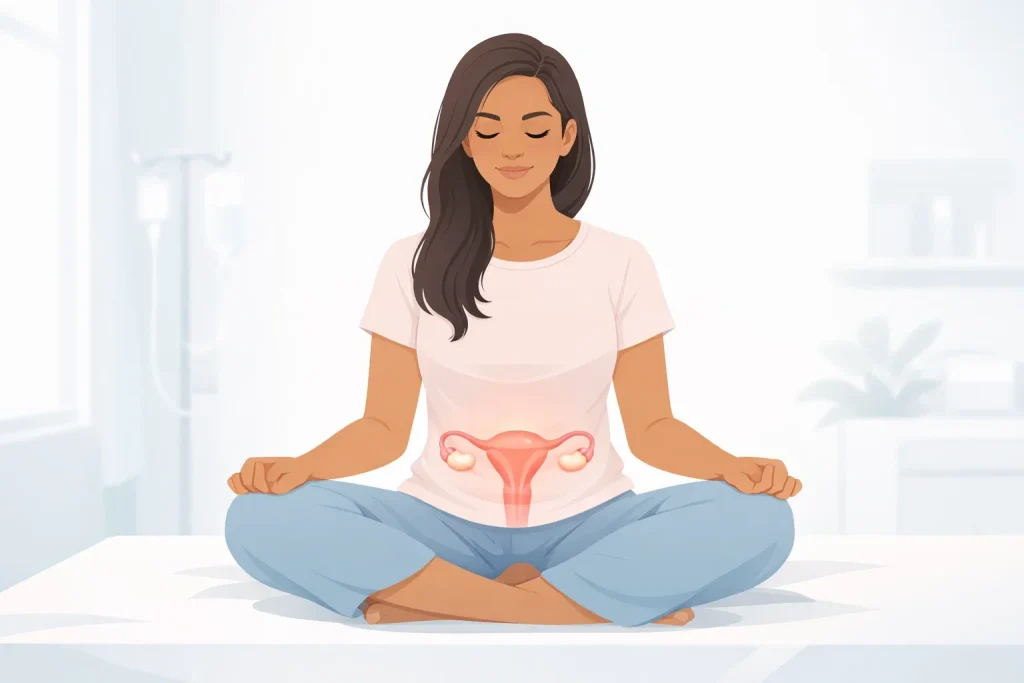 Endometriosis infertility illustrated through a calm medical depiction of the female reproductive system.