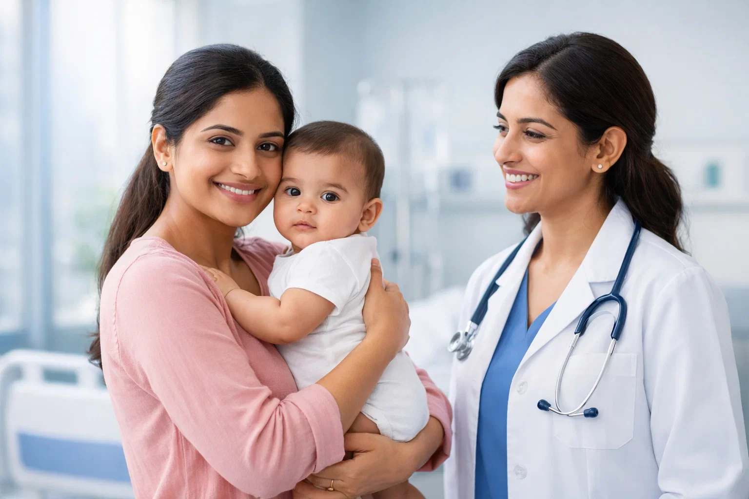 Featured image of a confident mother with her baby and doctor, symbolizing support for postpartum body changes.