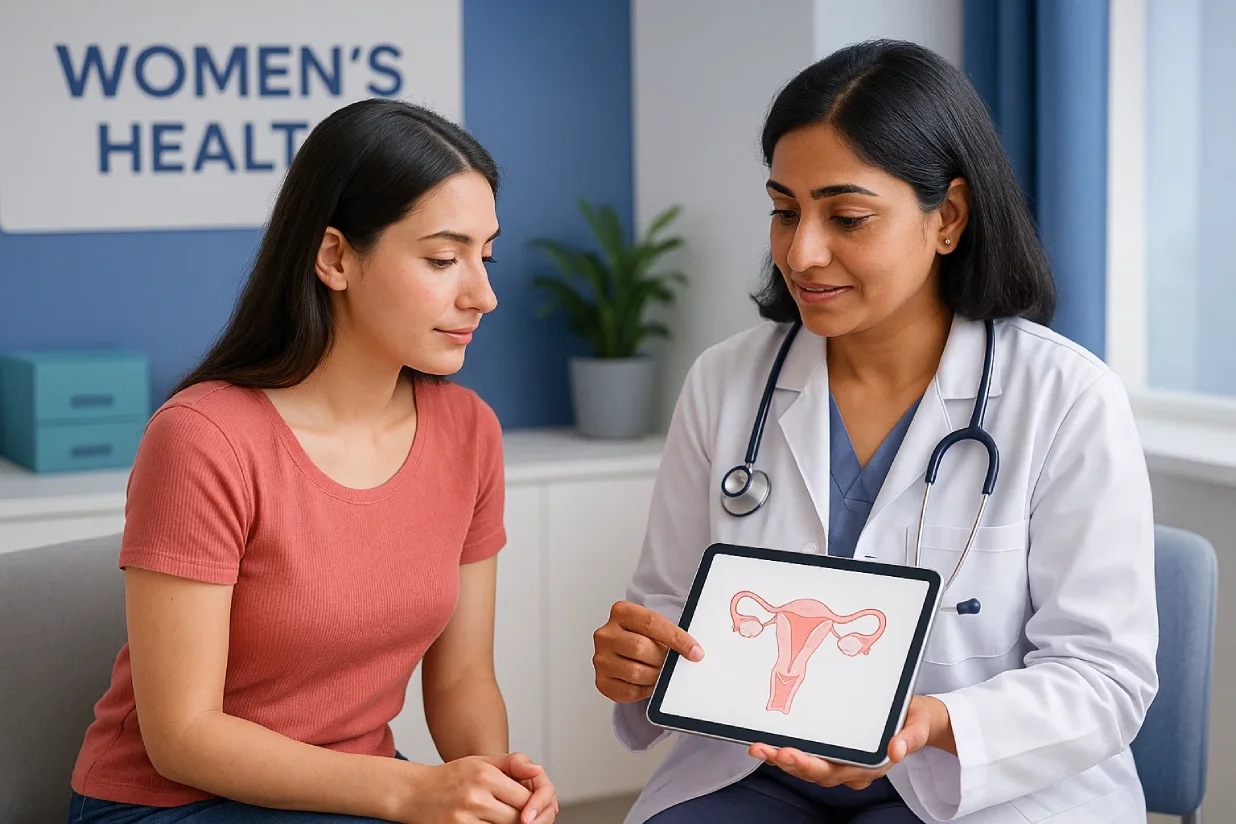 Featured image showing a gynecologist explaining pelvic pain causes to a young woman in a modern hospital setting.