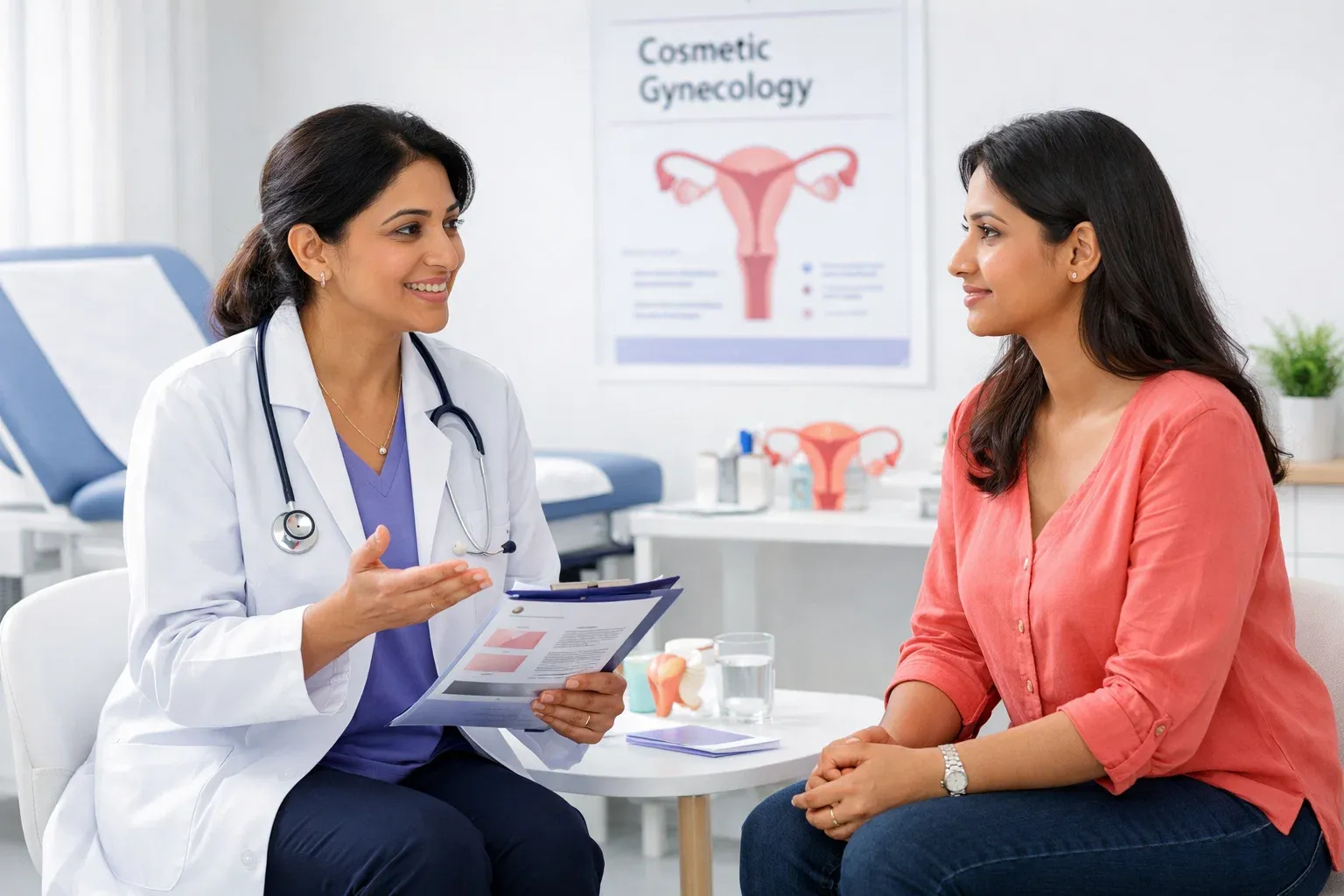 Female patient consulting a gynecologist about cosmetic gynecology in a bright hospital clinic.