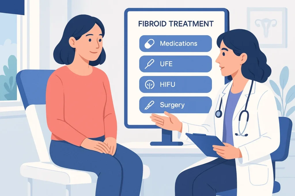 Female patient consulting gynecologist about advanced fibroid treatment options at a modern hospital.