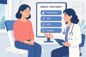 Female patient consulting gynecologist about advanced fibroid treatment options at a modern hospital.