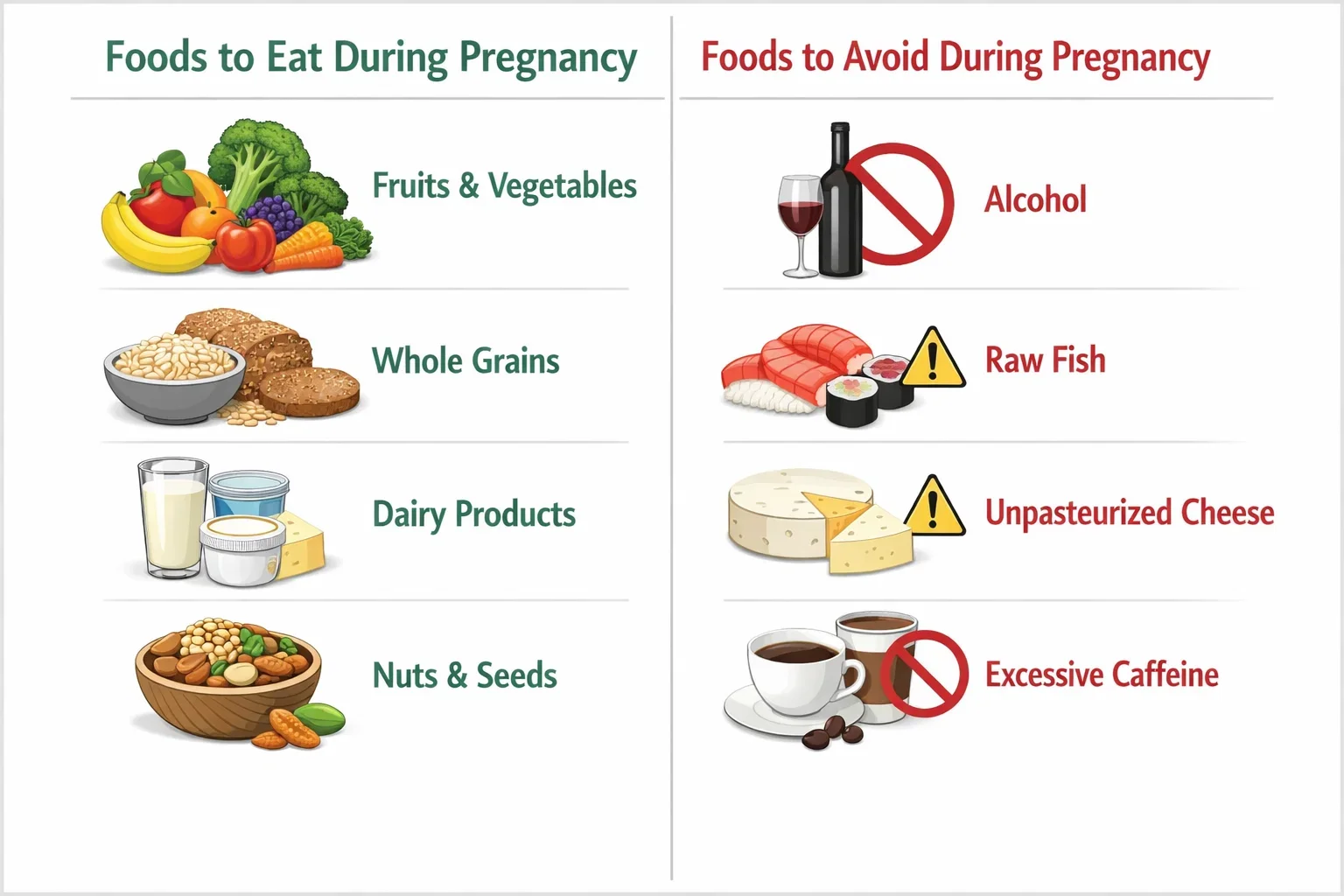 Foods to eat and foods to avoid during pregnancy explained visually.