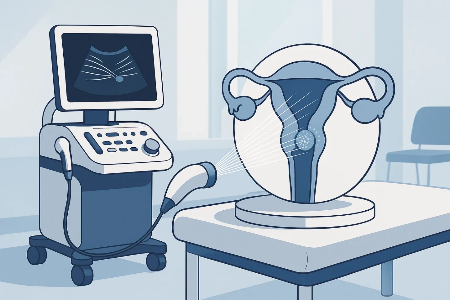 Futuristic medical visualization of HIFU fibroid treatment using focused ultrasound waves.
