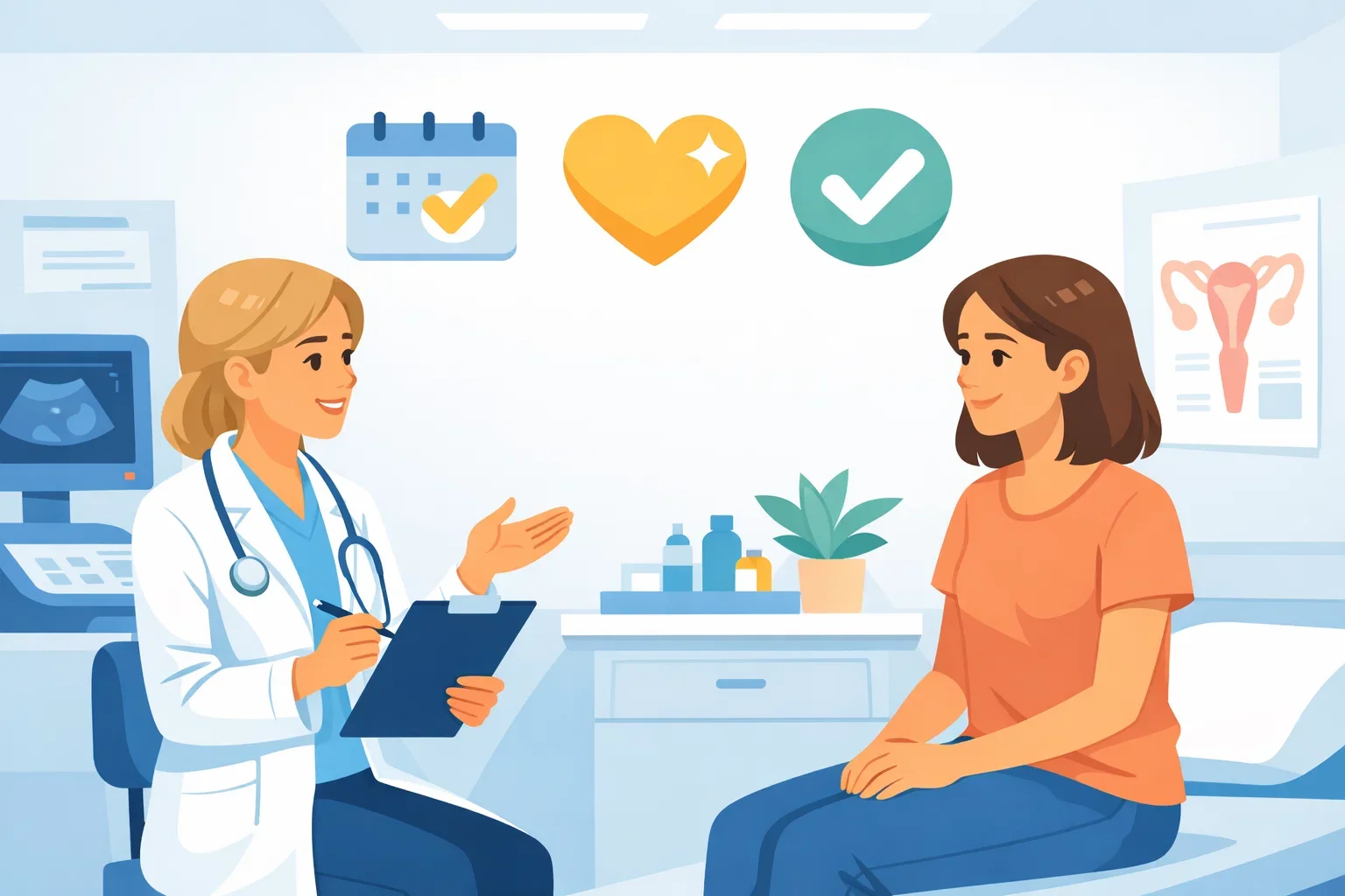 Gynecologist consulting patient about cosmetic gynecology recovery and care at hospital.