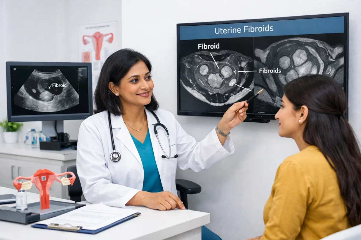 Gynecologist explaining uterine fibroid diagnosis using ultrasound and MRI imaging.