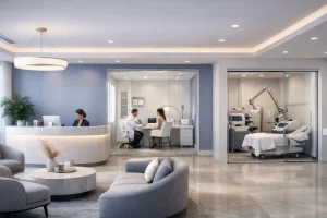 Hospital-based aesthetic clinic at Mayflower Hospital Ahmedabad showcasing consultation, treatment, and advanced cosmetic care infrastructure.