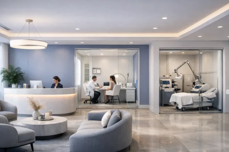 Hospital-based aesthetic clinic at Mayflower Hospital Ahmedabad showcasing consultation, treatment, and advanced cosmetic care infrastructure.