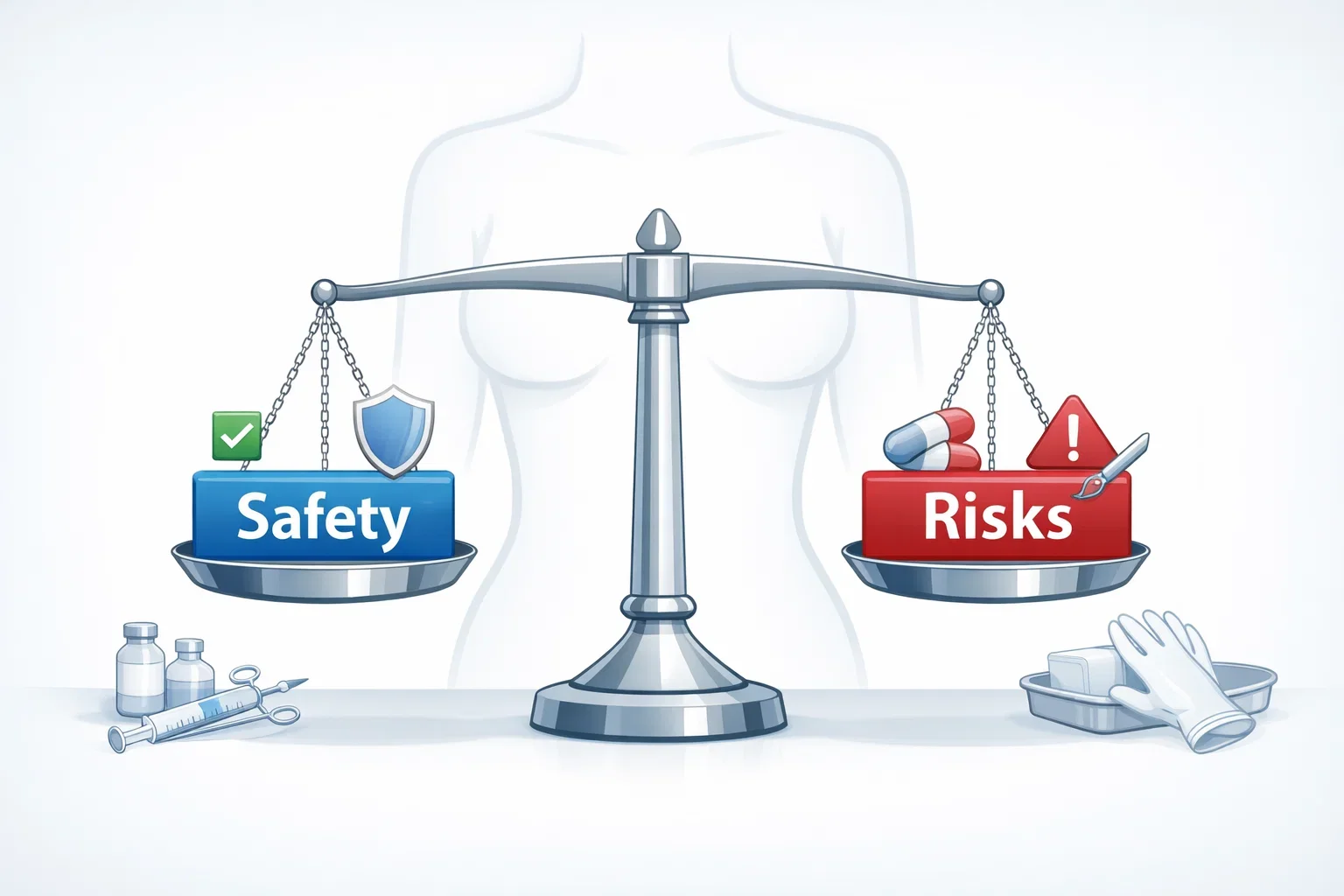 Illustration of a balance scale representing safety and risks in cosmetic gynecology.