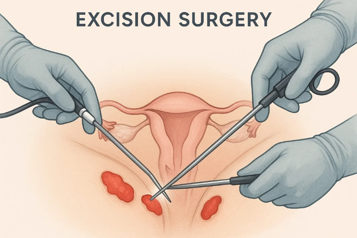 Illustration of excision surgery removing endometriosis lesions with precision laparoscopic instruments.