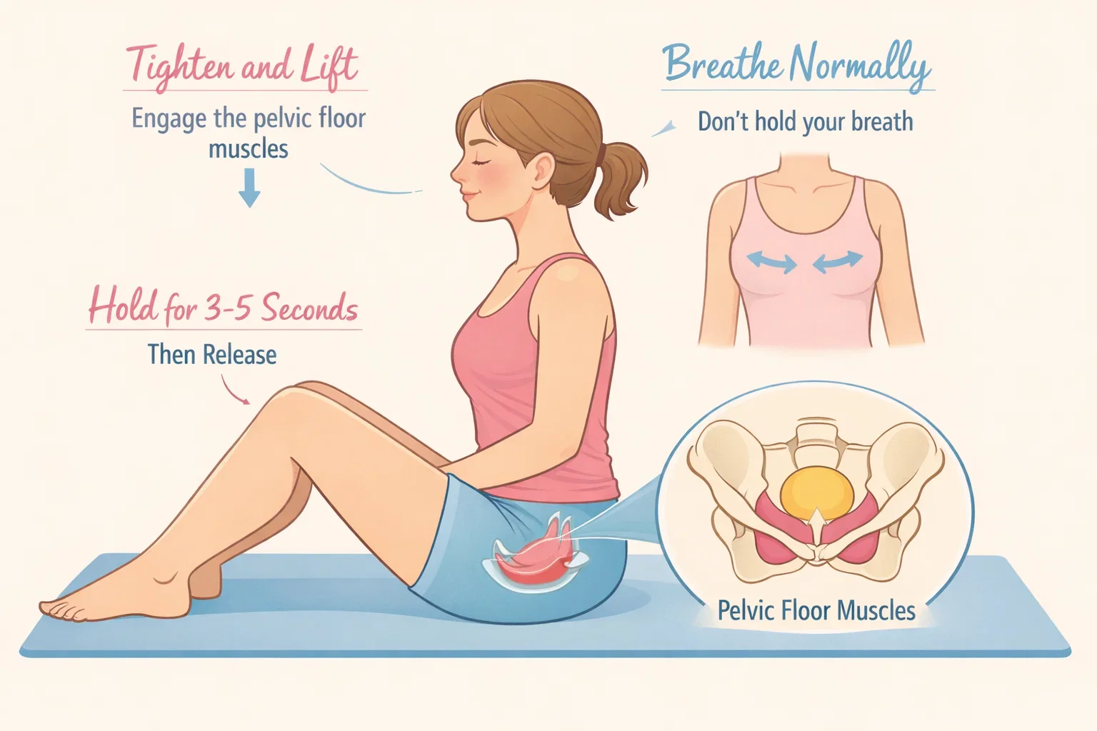 Illustration showing Kegel exercises for vaginal tightening and pelvic floor strength.