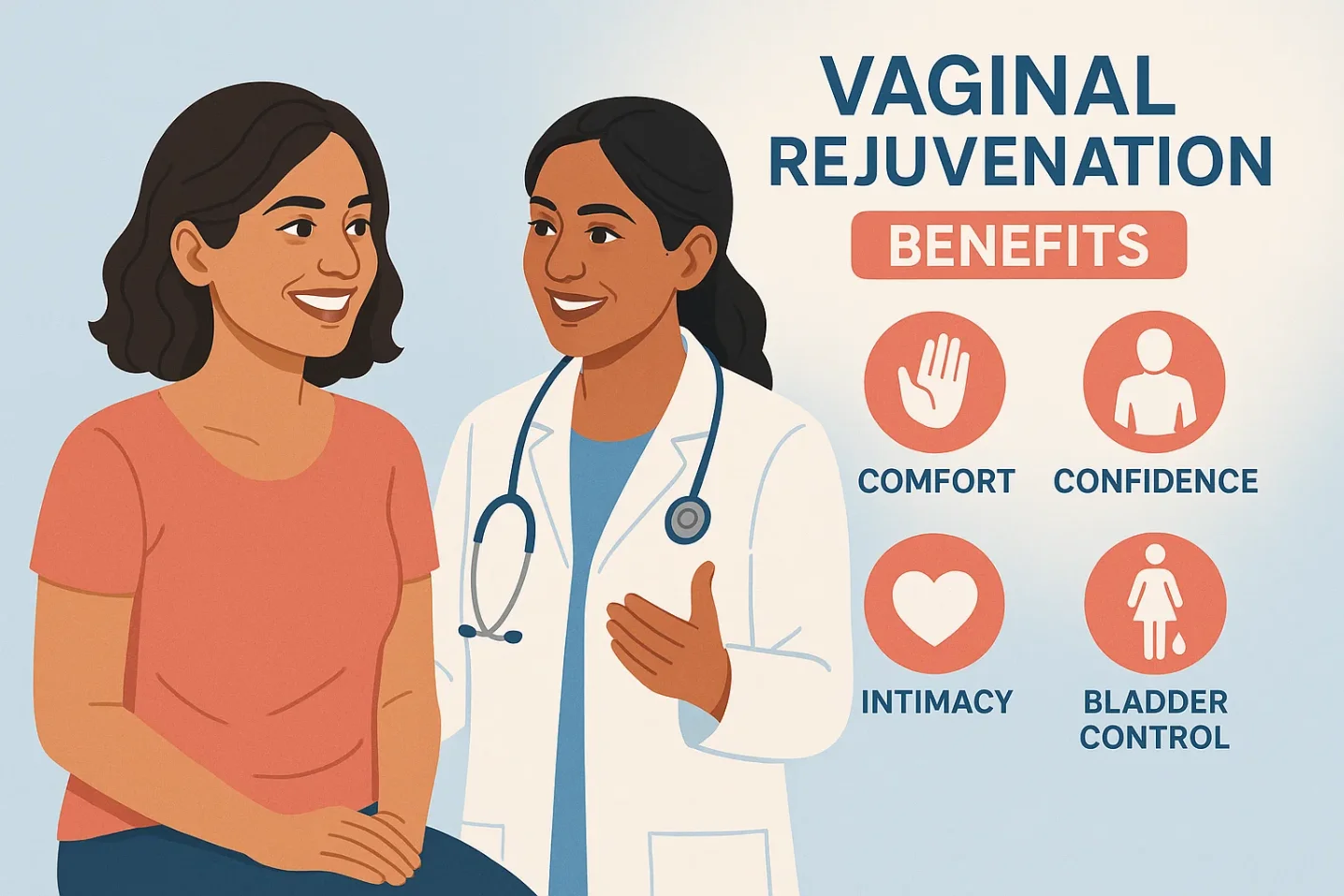 Illustration showing a woman discussing post-treatment benefits like comfort and confidence with her doctor.