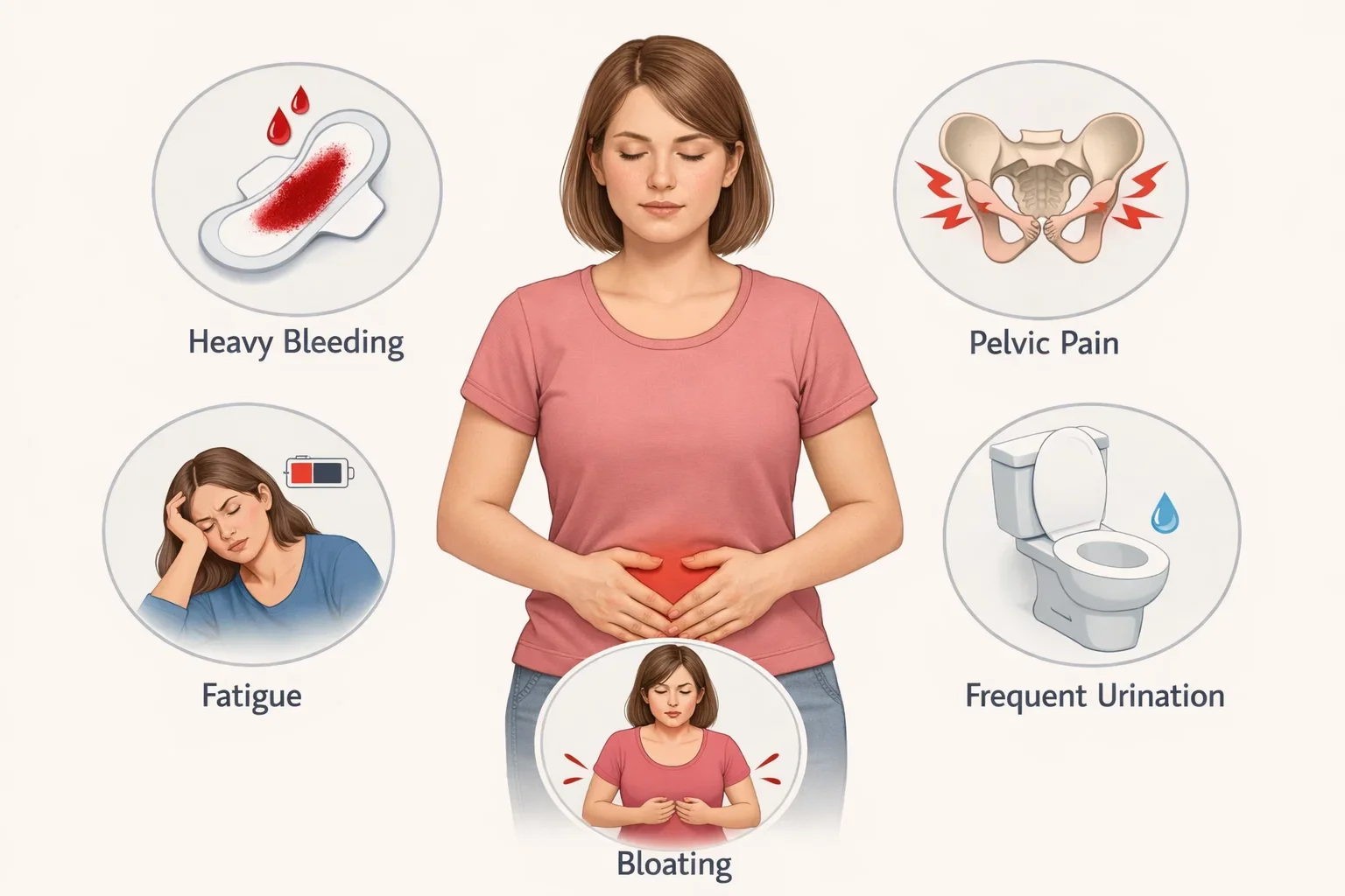 Illustration showing common uterine fibroid symptoms like heavy periods, pelvic pain, and fatigue.