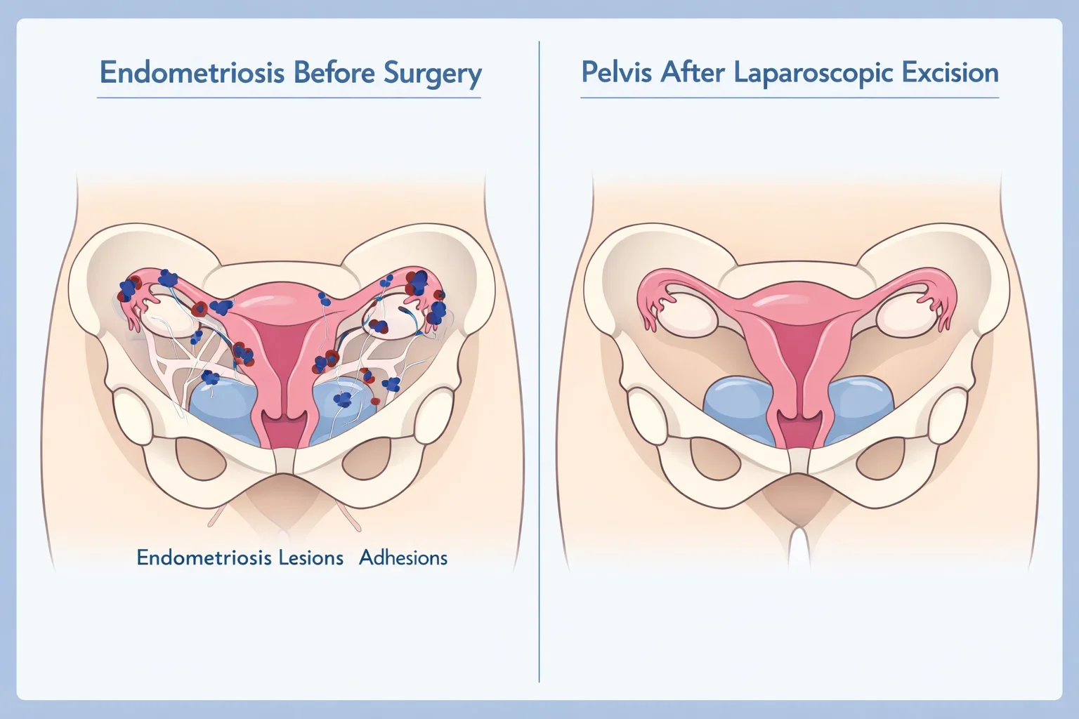 Illustration showing endometriosis lesions in the pelvis before surgery and healthy anatomy after laparoscopic excision