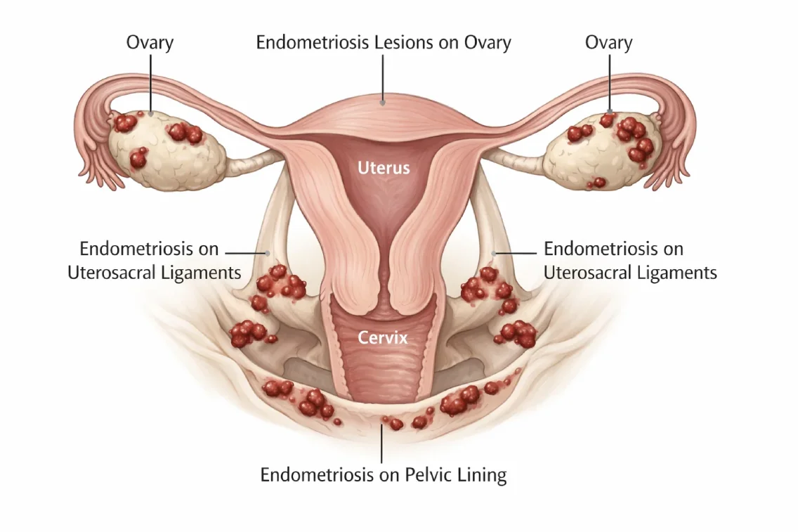 Illustration showing endometriosis lesions growing outside the uterus in the pelvic region.