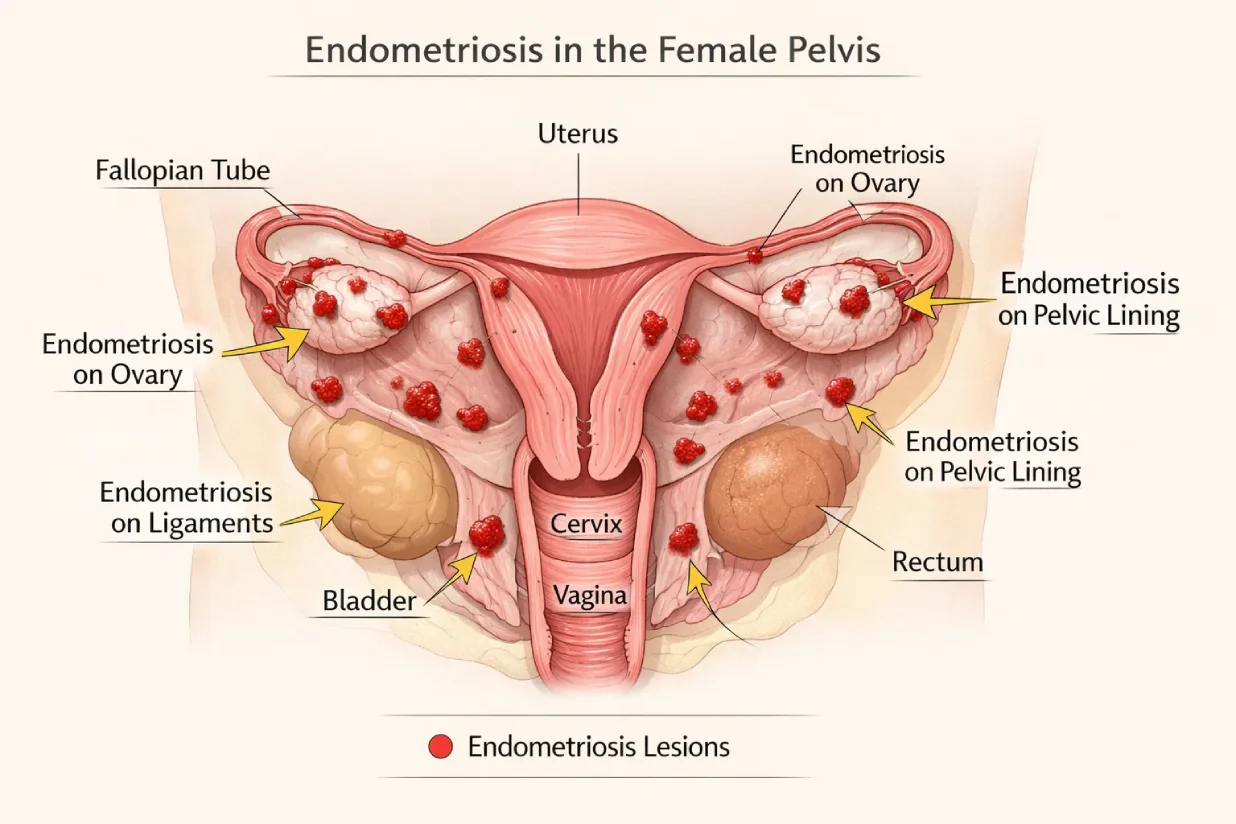 Illustration showing how endometriosis affects pelvic organs