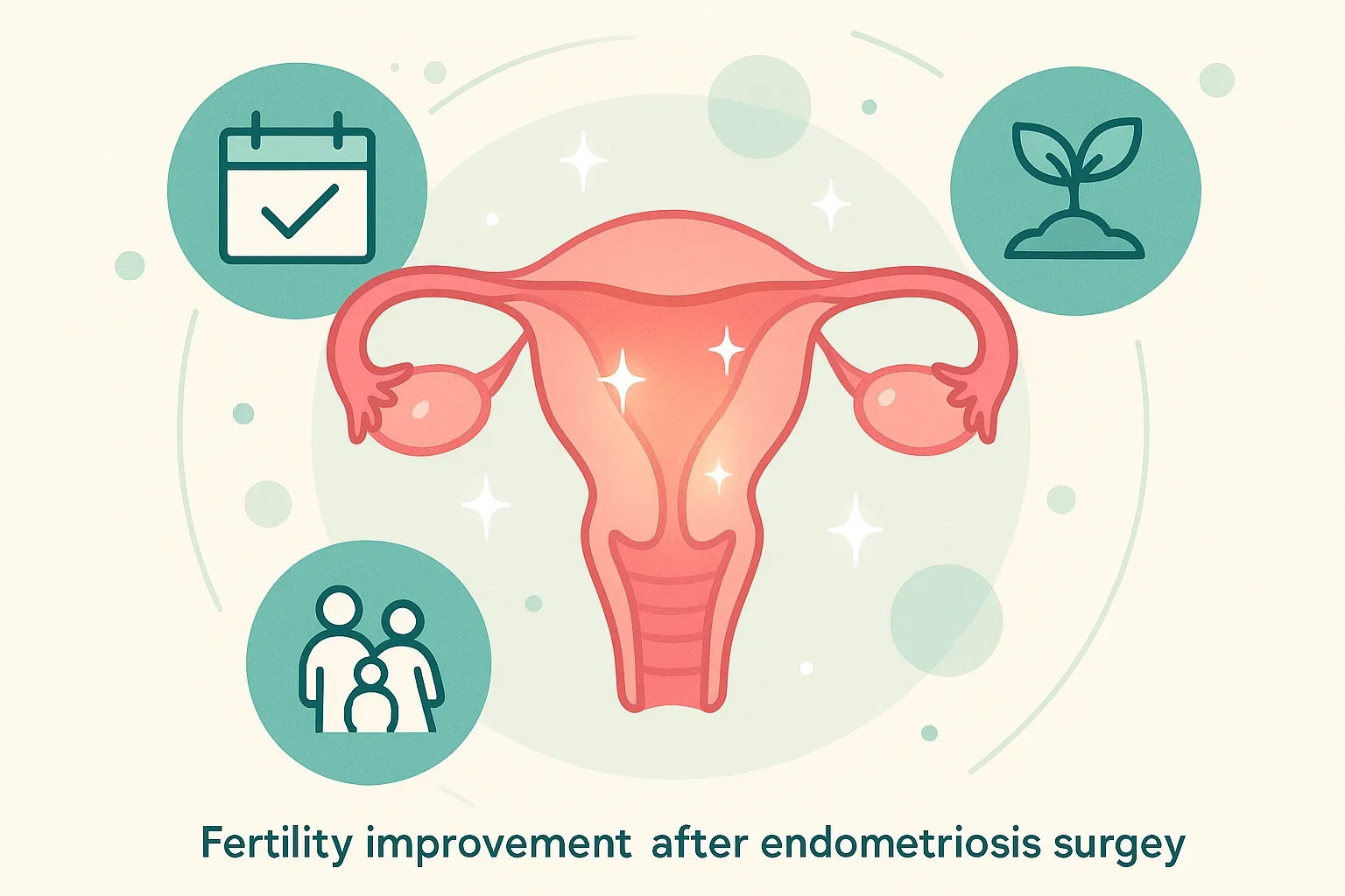 Illustration showing improved fertility outcomes after endometriosis surgery with highlighted reproductive organs.