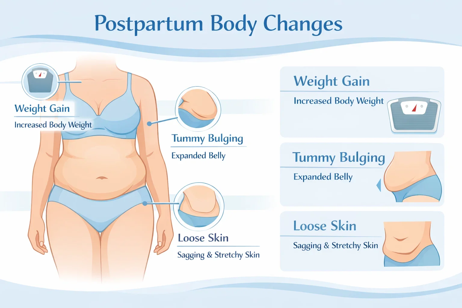 Infographic of postpartum weight changes and abdominal concerns after delivery.