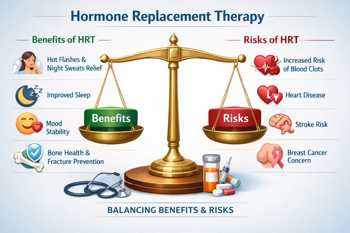 Infographic showing benefits and risks of hormone replacement therapy in women.