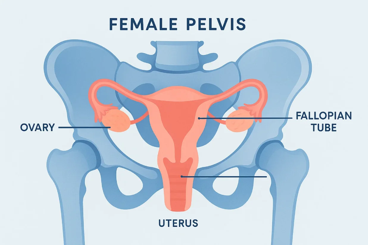 Infographic showing female pelvic anatomy to explain pelvic pain in women.