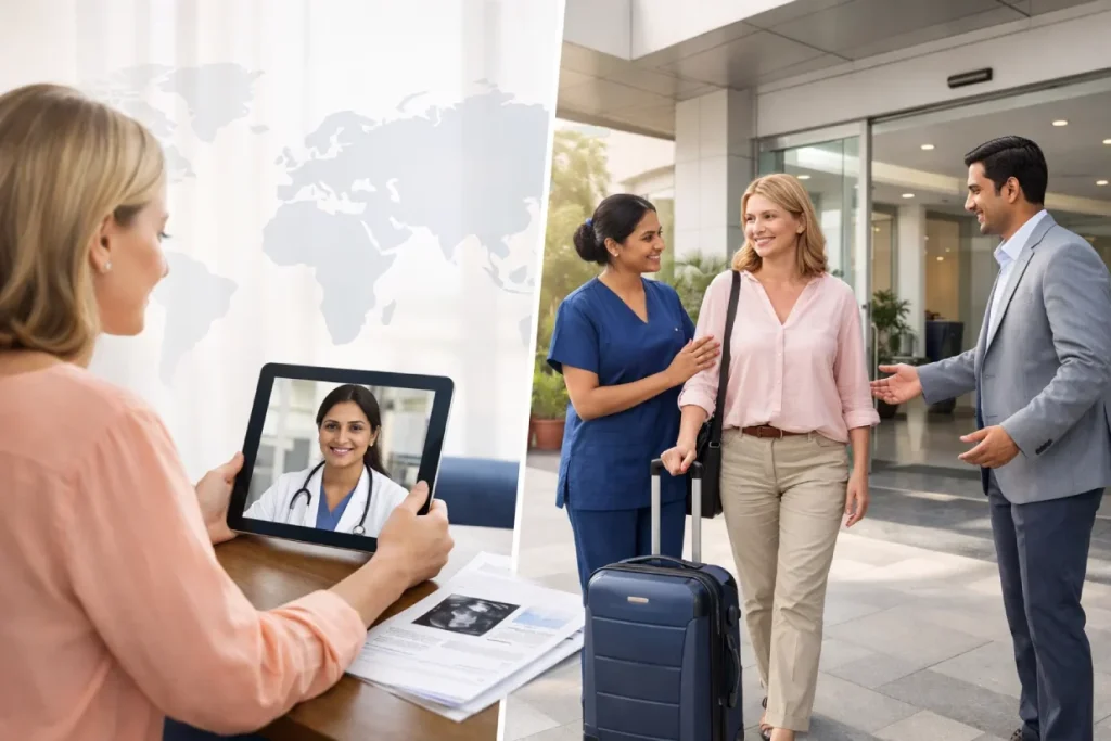 International patient consulting a doctor and traveling to India for treatment, illustrating the benefits of medical tourism and global healthcare.