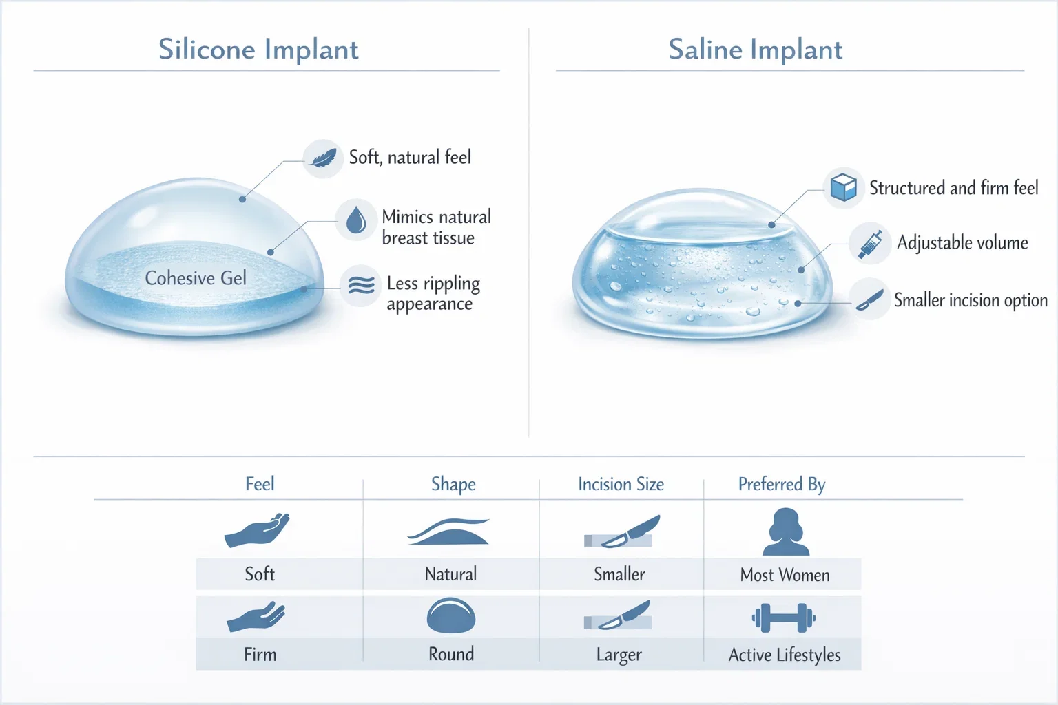 Labeled anatomical diagram comparing silicone and saline breast implants inside the breast tissue.