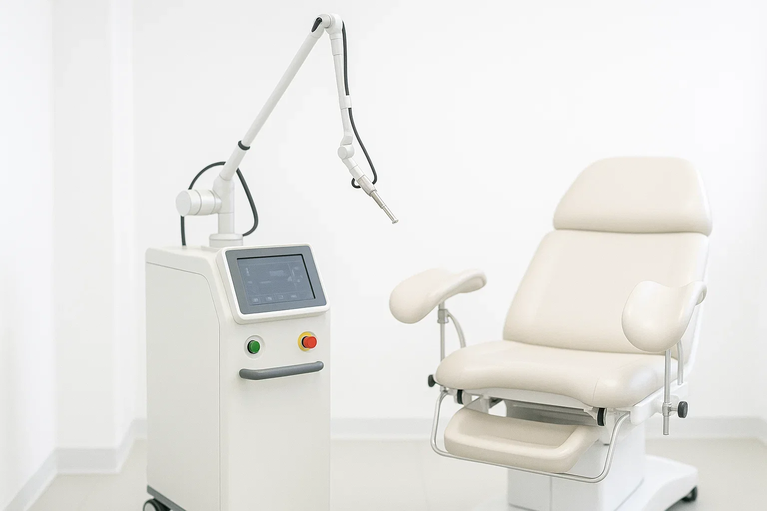 Laser device setup used for non-surgical vaginal rejuvenation in a modern clinic.
